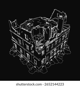 A destroyed building in black and white, with broken windows and scattered debris. The dark background emphasizes the structure's decay and abandonment.