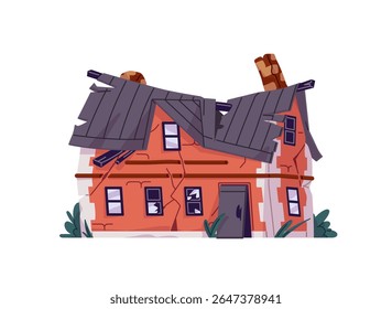 Destroyed building with broken windows, damaged walls, collapsed roof. Abandoned house after natural disaster. Old city ruins for demolition. Flat isolated vector illustration on white background