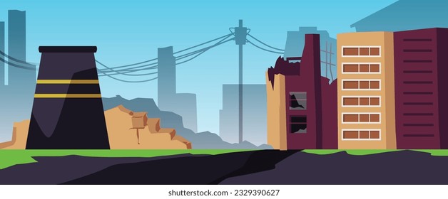 Destroyed building in city, cartoon flat vector illustration. Concepts of war, explosion, natural disaster and earthquake. Apocalyptic cityscape. House with broken roof and windows.