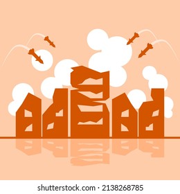 Destroyed building city with and smoke from air strikes with missile in war on orange background icon vector design