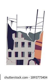 Destroyed building, damaged structure, consequences of a disaster, cataclysm or war, cartoon vector isolated illustration