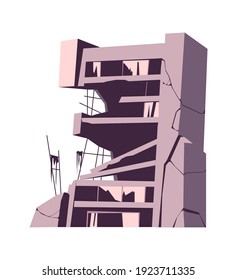 Destroyed building, damaged structure, consequences of a disaster, cataclysm or war, cartoon vector isolated illustration