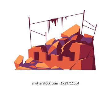 Destroyed building, damaged structure, consequences of a disaster, cataclysm or war, cartoon vector isolated illustration