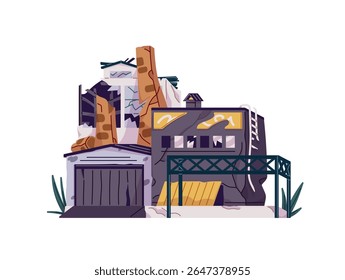 Destroyed building of factory with broken windows, collapse of walls. Damaged plant construction. Old ruins of manufactory after war, disaster. Flat isolated vector illustration on white background