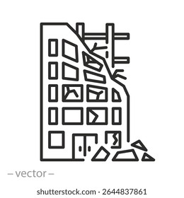 destroyed building icon, broken windows, collapsed building after explosion or earthquake, thin line symbol on white background, editable stroke vector illustration eps10