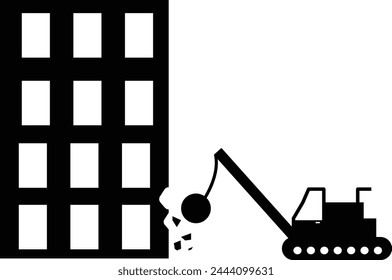 Symbol für zerstörtes Gebäude. Abbrucharbeiter: Bauschild abreißen. Abbruchsymbol. Flacher Stil.