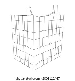 Destroyed building ruin and concrete, war destruction concept. Wireframe low poly mesh vector illustration.