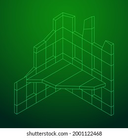 Zerstörte Bauruine und Beton, Kriegszerstörungskonzept. Wireframe Low-Poly-Mesh, Vektorgrafik.