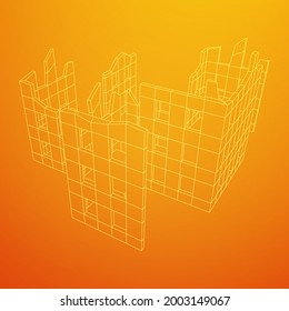 Zerstörte Bauruine und Beton, Kriegszerstörungskonzept. Wireframe Low-Poly-Mesh, Vektorgrafik.