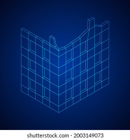 Destroyed building ruin and concrete, war destruction concept. Wireframe low poly mesh vector illustration.