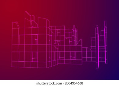 Destroyed building ruin and concrete, war destruction concept. Wireframe low poly mesh vector illustration.