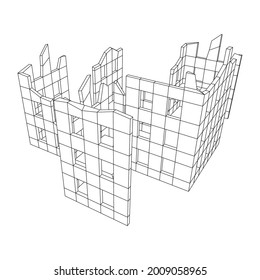 Destrucción de edificios ruin y concreto, concepto de destrucción de guerra. Ilustración vectorial de malla baja de malla de malla de alambre.