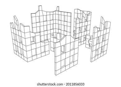 Destroyed building ruin and concrete, war destruction concept. Wireframe low poly mesh vector illustration.