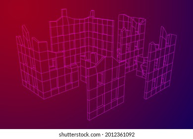 Destroyed building ruin and concrete, war destruction concept. Wireframe low poly mesh vector illustration.