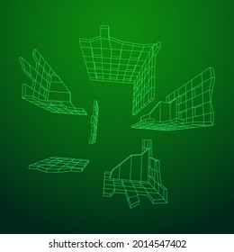 Zerstörte Bauruine und Beton, Kriegszerstörungskonzept. Wireframe Low-Poly-Mesh, Vektorgrafik.