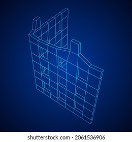 Zerstörte Bauruine und Beton, Kriegszerstörungskonzept. Wireframe Low-Poly-Mesh, Vektorgrafik.