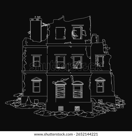 A destroyed building stands in ruins with broken windows and scattered debris. The black and white illustration highlights the structure's decay against a dark background.