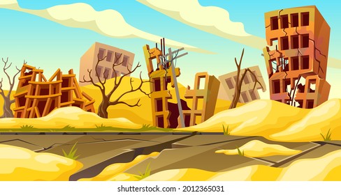 Destroyed buildings after sandstorm, earthquake, storm, tornado, natural disaster. Derelict broken houses in desert. Cartoon game landscape with mountains of sand.