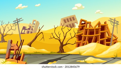 Destroyed buildings after sandstorm, earthquake, storm, tornado, natural disaster. Derelict broken houses in desert. Cartoon game landscape with mountains of sand.