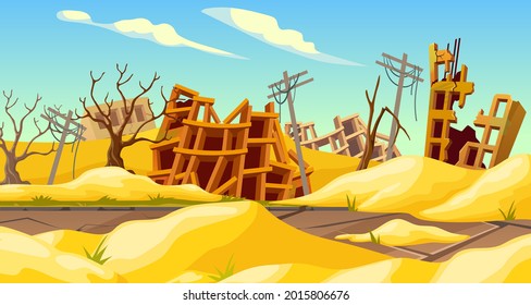 Destroyed buildings after sandstorm, earthquake, storm, tornado, natural disaster. Derelict broken houses in desert. Cartoon game landscape with mountains of sand.