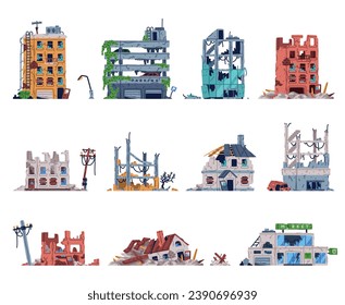 Destroyed Buildings and Broken Ruined Houses Vector Set