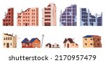 Destroyed buildings, collapsed walls and broken windows. Consequences of catastrophes on buildings of various types. Vector illustration