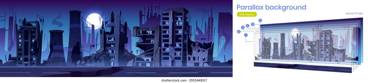 Destroyed buildings on city street after war or natural disaster at night. Vector parallax background with cartoon cityscape with abandoned broken houses with smoke, cracked road and moon in sky