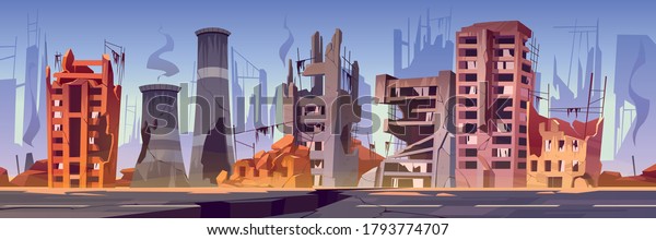 戦後の市街の建物や自然災害 廃墟の壊れた家の煙と亀裂の入った道路を描いたベクターイラスト 爆発や地震の後に荒廃した町の廃墟 のベクター画像素材 ロイヤリティフリー