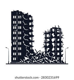 Destroyed buildings, rubble and debris, cityscape after disaster or war, devastation scene