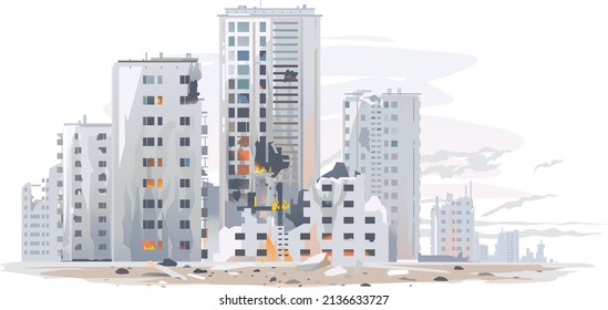 Destroyed buildings ruins through hostilities and bombing, war destruction concept illustration isolated, terrorist acts in Europe, ruined business center