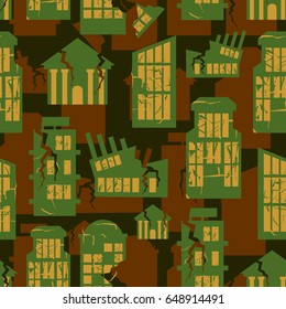 destroyed Buildings seamless military pattern. city house khaki background. town Army protective ornament