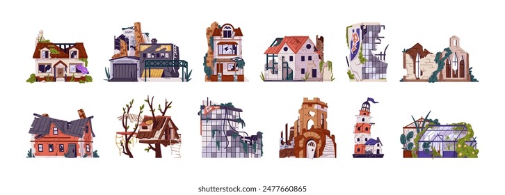 Destroyed buildings set. City collapses by apocalypse. Broken houses, old ruin of church, crumbling constructions, dilapidated lighthouse. Flat isolated vector illustrations on white background