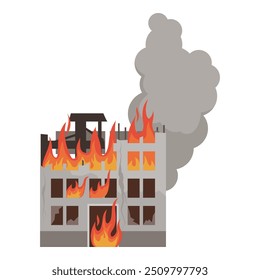 Destroyed burning building, isolated on white background