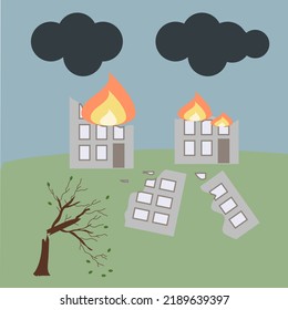 Destroyed burning house, broken tree. The concept of damage.