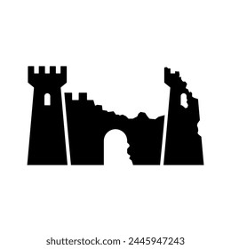 Destroyed castle icon. Ruin. Black silhouette. Front view. Vector simple flat graphic illustration. Isolated object on a white background. Isolate.