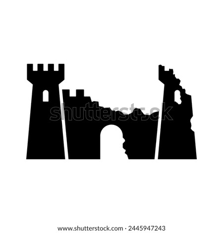 Destroyed castle icon. Ruin. Black silhouette. Front view. Vector simple flat graphic illustration. Isolated object on a white background. Isolate.