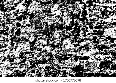 Destroyed chipped brick wall cellar farm house. Dirty exterior urban facade. Whitewashed ruined structure background. Grunge uneven old stone rock texture. Outside cracks cement mortar for 3d design