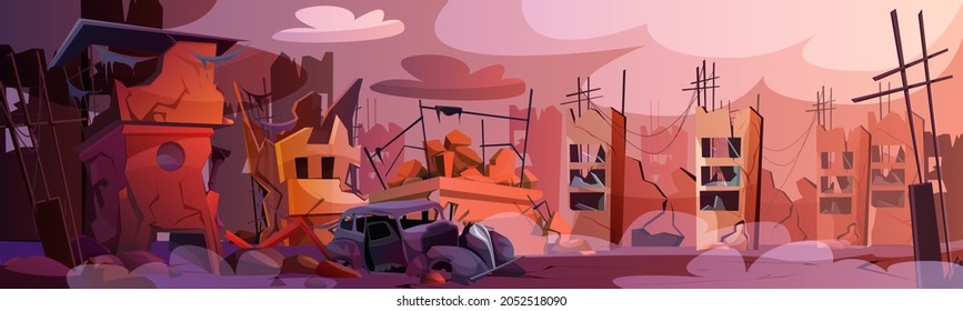 Destroyed city after natural disaster or earthquake. Abandoned buildings with smoke, ruins, broken road and street cartoon vector illustration. Destruction cityscape with cracks and damage to houses.