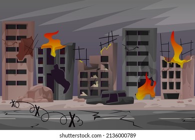 Destroyed city after the war. Consequences of the war. Destroyed houses. Vector illustration in modern style.