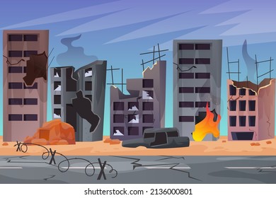 Ciudad destruida después de la guerra. Consecuencias de la guerra. Casas destruidas. Ilustración vectorial de estilo moderno.