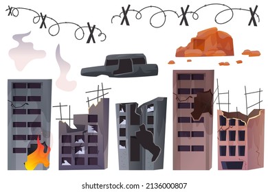 Destroyed city after the war. Consequences of the war. Destroyed houses. Vector illustration in modern style.