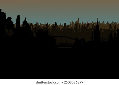 A destroyed city after war or natural disasters. Evening twilight. Sad landscape. Vector.