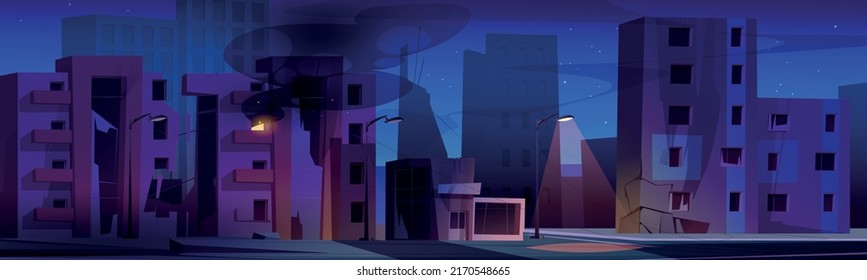 Destroyed city with broken houses at night. Vector cartoon illustration of abandoned buildings with cracks and fire inside, street lights on road. Town ruins after war, nuclear explosion, apocalypse