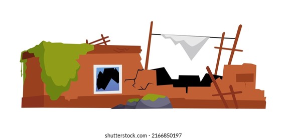 Edificio de la ciudad destruido con ventana y techo rotos, ilustración vectorial plana aislada en fondo blanco. Casa en ruinas como resultado de terremotos, bombardeos de guerra o catalismo natural.