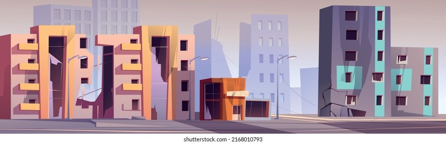 Destroyed city buildings after natural disaster, war or apocalypse landscape. Vector cartoon dirty broken and demolished houses and store, town ruins after explosion or earthquake illustration