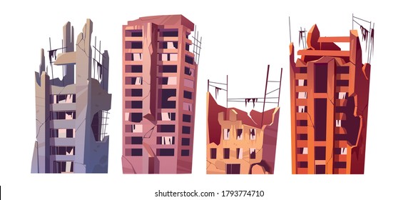 Destroyed city buildings after war or natural disaster. Vector cartoon set of abandoned broken houses isolated on white background. Derelict town ruins after explosion or earthquake