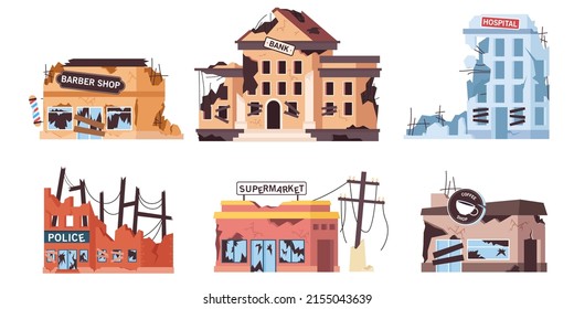 Destroyed city buildings cartoon illustration set. Ruined bank, hospital, abandoned supermarket, coffee shop and police buildings after war or natural disaster. Damage, destruction, earthquake concept