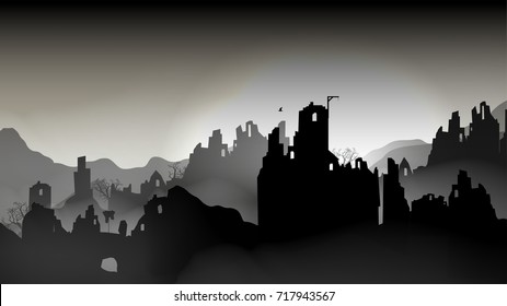 Destroyed city ,Buildings in Ruin - Vector Illustration