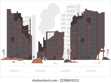 Destroyed city buildings, war destruction, abandoned town, natural disaster or cataclysm consequences. Post-apocalyptic world ruins with broken houses and plant pipes isolated cartoon vector