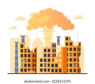 Destroyed city concept. Explosion behind highrise crashed buildings, bombardment and war. Crime and aggression, danger. Nuclear explosion or terrorism metaphor. Cartoon flat vector illustration